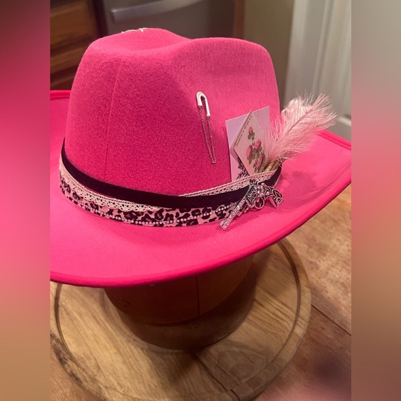 Handmade Pink Felt Cowgirl Hat with Feathers, Gems, and Leopard Print - Picture 8 of 9